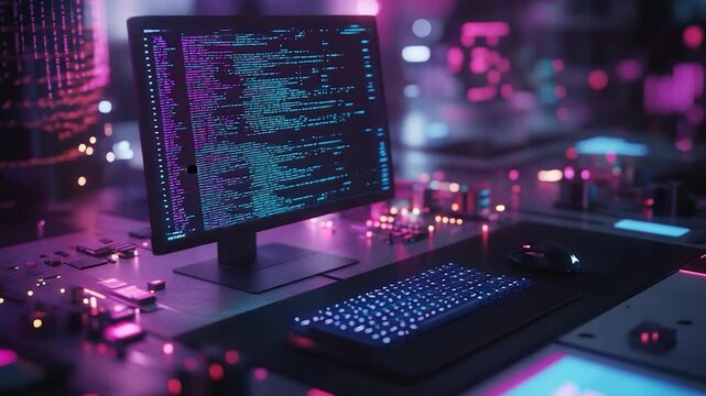 Computer screen displaying code with keyboard and mouse in purple and blue light for technology concept
