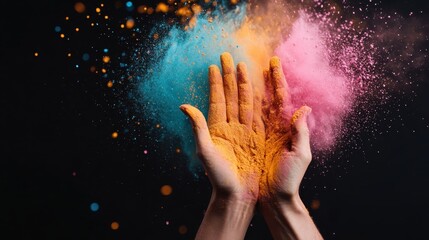 Two hands holding vibrant colored powders, symbolizing the joy and celebration of Holi, a festival of colors that embraces happiness, love, and the spirit of togetherness.