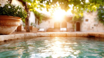 This tranquil image features a shimmering outdoor pool reflecting sunlight, surrounded by greenery, epitomizing relaxation and inviting a peaceful retreat in nature's embrace.