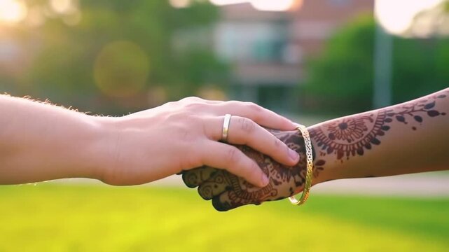 The image shows two hands, one light-skinned and one dark-skinned, clasped together, seemingly exploring unity despite cultural divides.
