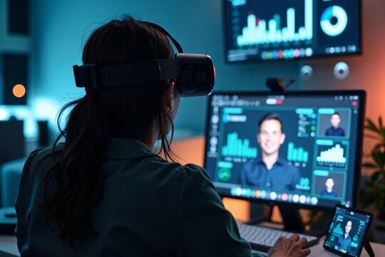 Person Wearing VR Headset Watching Business Webinar Surrounded by Holographic Data Display - Powered by Adobe