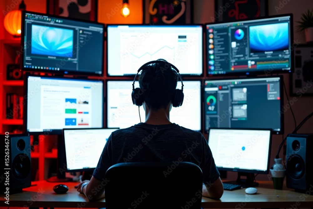 Poster multiple computer screens surround a person working from home, displaying various tasks and projects