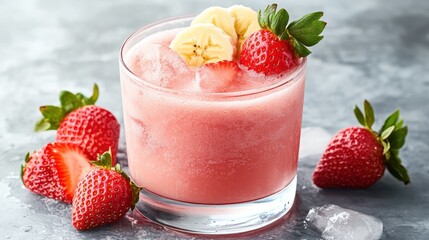 A refreshing strawberry banana smoothie in a glass, topped with banana slices and strawberries, is the perfect refreshing drink on a hot day.