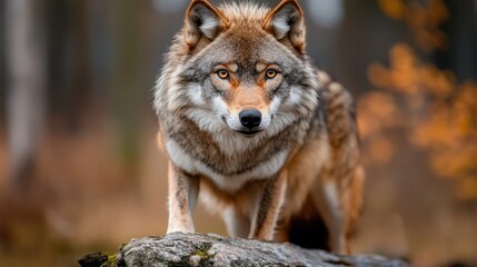 Fototapeta premium A stunning portrait of a wolf captures its piercing gaze amidst a natural backdrop, embodying strength, wilderness, and the beauty of untamed nature in its serene environment.