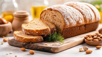 A golden-brown loaf of bread sits on a rustic wooden board, with slices cut and placed nearby, invitingly showcasing its fluffy texture and warm appearance.