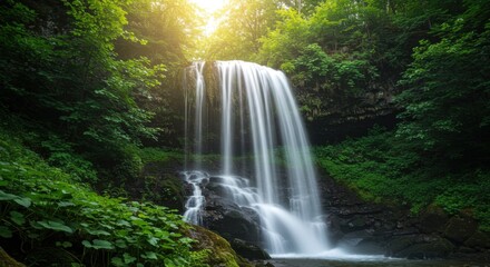 A Tranquil Waterfall Shimmers in The Light Through The Trees