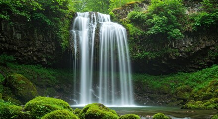Obraz premium Nature's Symphony A Tranquil Waterfall in Emerald Forest