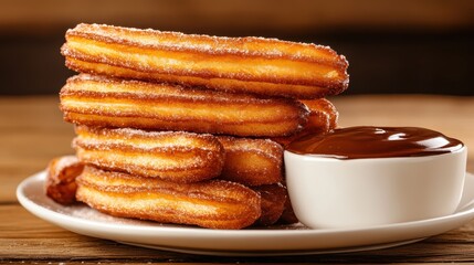 A tantalizing display of freshly made churros, coated in sugar and served with rich chocolate sauce, perfect for satisfying sweet cravings and sharing delightful moments.