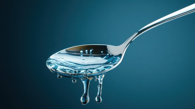 A close-up shot of a silver spoon holding water droplets, showcasing their reflection and clarity, creating an aesthetic appeal that captures the beauty of liquids.