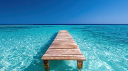 Fototapeta premium This tranquil image features a wooden pier extending into clear, turquoise waters, showcasing the beauty of nature and inviting viewers to experience serenity and tranquility.
