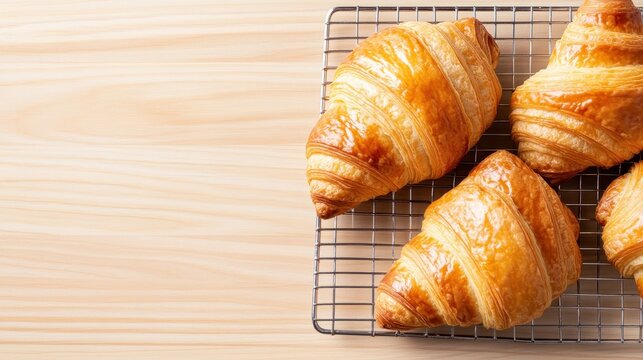 This image showcases a collection of freshly baked, golden brown croissants resting on a cooling rack, evoking the warmth and aroma of a classic bakery.