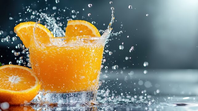 A vibrant glass of refreshing orange juice splashing, capturing the essence of summer with bright orange slices and sparkling droplets in a dynamic composition.
