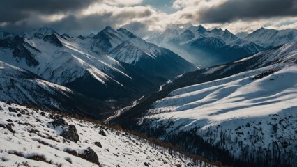 Fototapeta premium Snow Covered Mountain Landscape With Cloudy Sky Above Outdoors