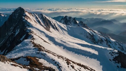 Winter Alpine Peak Basking in Bright Sun Rays above Clouds