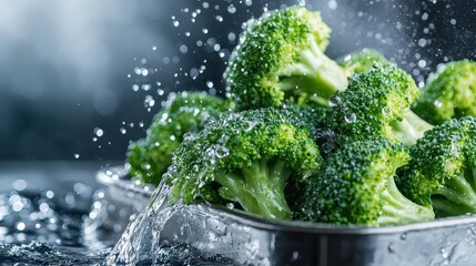 A stunning close-up shot of vibrant green broccoli crowns being splashed with water, capturing freshness and vitality in culinary photography.