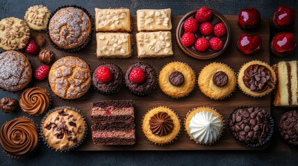 Delicious desserts and sweets on a wooden board decorated with berries and chocolate. Useful for cooking blogs, pastry advertising and cafe menus.