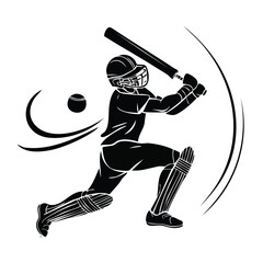 Dynamic black and white vector illustration of a cricket bowler in mid-delivery stride