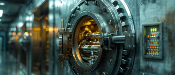 Fototapeta premium Close-up of a closed bank safe with mechanical lock and digital panel emphasizing safety and security. Useful for articles on security and financial services.