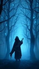 Enigmatic Violinist in Shadowy Woodland