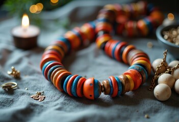Colorful beaded necklace with jewelry and candle on a textured surface for decorative display