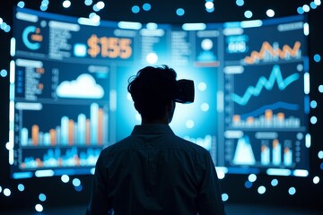 Immersed in a Virtual Reality World: A Surreal Image of a Person Engaging with a Futuristic KPI Business Dashboard amid Digital Data Streams