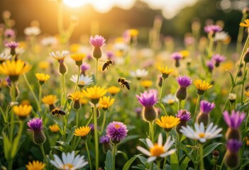 Bright wildflowers in a sunlit meadow with bees collecting nectar