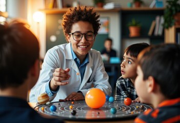 A young female scientist explains a science experiment to curious children in a classroom setting