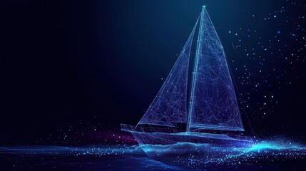 Digital sailboat sailing dark ocean, glowing particles, futuristic design, website banner