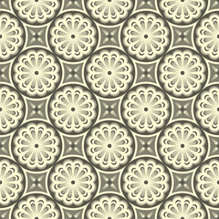 Elegant vintage floral tile pattern featuring retro inspired radial blossoms and geometric accents in muted cream and gray tones. Ideal for textiles, wallpapers, tiles, and seamless background