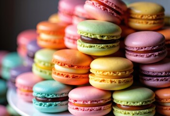 Fototapeta premium Colorful macarons stacked together create an appealing and vibrant dessert display