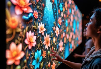 Woman touches a vibrant, illuminated floral wall art installation at an indoor event