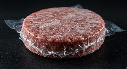 Frozen ground beef patty sealed in plastic wrap on a dark surface