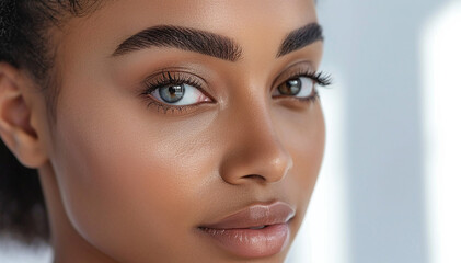 Woman face closeup. Eyebrow shaping. Eyebrows correction. Brow design. Beautiful African American woman face close-up in beauty treatments salon. Female Skin face care. Eyelash extensions. Banner