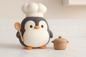 Cute penguin chef with spoon and pot in minimalist kitchen setting