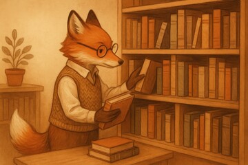 Fox in a cozy library reading and exploring books for learning and relaxation