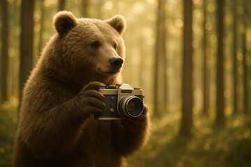 Bear with camera in forest during spring wildlife photoshoot adventure