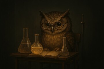 Wise owl in a laboratory setting with glassware and books for educational and scientific themes