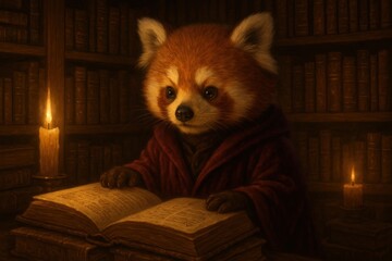 Enchanted library with red panda sorcerer in candlelit ambience