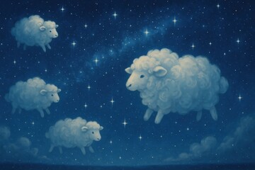 Dreamscape scene with cloud sheep floating in a starry night sky