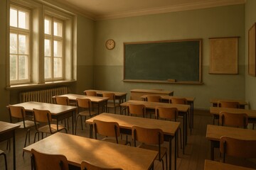 Serene european classroom interior with sunlight and wooden desks for educational design