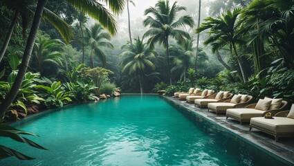 Fototapeta premium A luxurious tropical resort featuring a stunning pool surrounded by nature.
