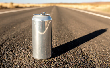 Silver Beverage Can on Asphalt Road with Yellow Line in Sunlight