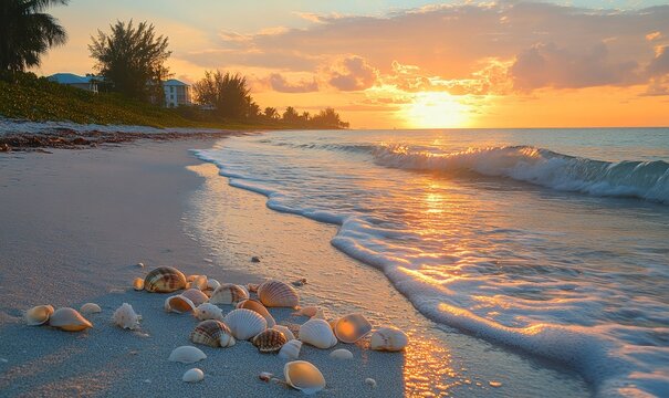 serene sunrise over a tropical beach with waves gently lapping against the shore and seashells scattered in the sand, Generative AI