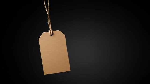 A simple, blank brown paper tag gently sways on a dark, minimalist background. Perfect for prices, labels, or custom text.