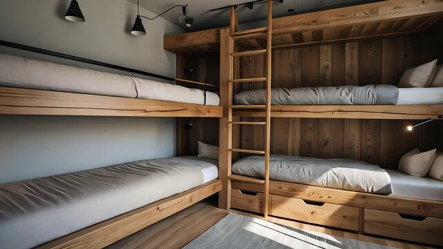 Cozy wooden bunk beds in modern dorm room with natural light, soft bedding, ladders, and storage drawers, ideal for hostel or shared living space