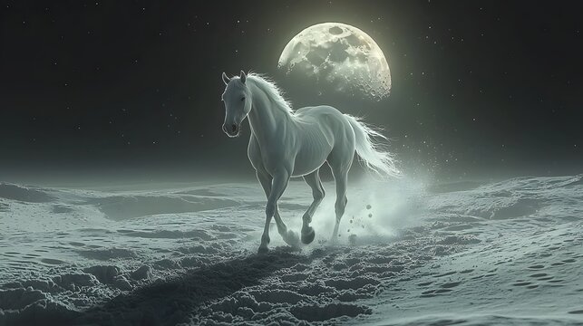 A lone white horse galloping across the moonlit landscape
