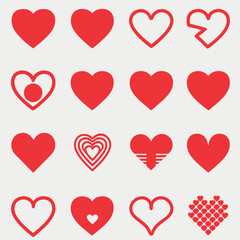 Collection of red heart illustrations in various shapes for love and valentine's day design