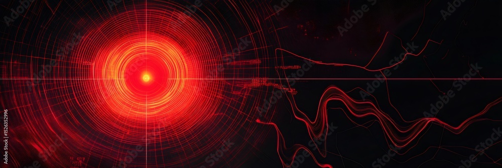 Poster seismic waves spreading across digital map, revealing earthquake epicenter and destructive geologica