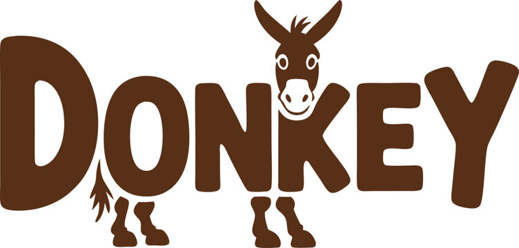 Word "Donkey" creatively stylized, with a cute donkey character