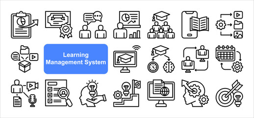 Learning management System icon collection set. Containing blended, virtual classroom, courseware, gamification, assessment, synchronous, course catalog icon. Simple line vector.